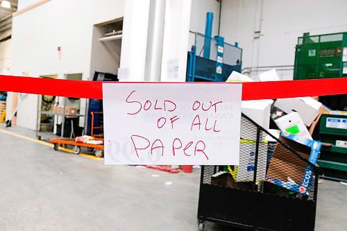 Daniel Crump / Winnipeg Free Press.¤A sign at Costco in St. James informs customers that they are sold out of all paper products. March 14, 2020.