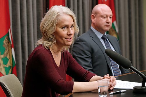 JOHN WOODS / WINNIPEG FREE PRESS
Dr. Brent Roussin, Manitoba chief public health officer, and Lanette Siragusa, provincial lead, health system integration, quality and chief nursing officer for Shared Health, speak during the provinces latest COVID-19 update Sunday morning at the Manitoba legislature in Winnipeg Sunday, March 15, 2020. The province announced the 7th COVID-19 case.

Reporter: Allen