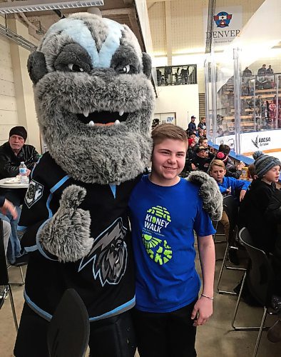 SUBMITTED PHOTO

Noah Blair (who is a kidney transplant recipient) with Winnipeg Ice mascot Shivers at the Kidney Foundation of Canada, Manitoba Branch, event  to promote organ donation awareness on March 7, 2020 by paying tribute to Logan Boulet at the Winnipeg Ice game WHL game against the Moose Jaw Warriors at the Wayne Fleming Arena. (See Social Page)