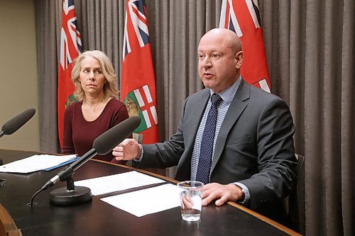 JOHN WOODS / WINNIPEG FREE PRESS
Dr. Brent Roussin, Manitoba chief public health officer, and Lanette Siragusa, provincial lead, health system integration, quality and chief nursing officer for Shared Health, speak during the provinces latest COVID-19 update Sunday morning at the Manitoba legislature in Winnipeg Sunday, March 15, 2020. The province announced the 7th COVID-19 case.

Reporter: Allen