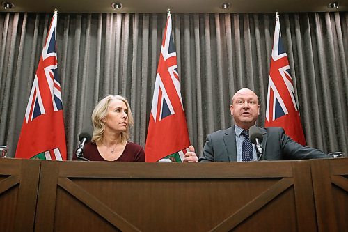 JOHN WOODS / WINNIPEG FREE PRESS
Dr. Brent Roussin, Manitoba chief public health officer, and Lanette Siragusa, provincial lead, health system integration, quality and chief nursing officer for Shared Health, speak during the provinces latest COVID-19 update Sunday morning at the Manitoba legislature in Winnipeg Sunday, March 15, 2020. The province announced the 7th COVID-19 case.

Reporter: Allen