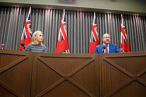 MIKE DEAL / WINNIPEG FREE PRESS
Dr. Brent Roussin, chief provincial public health officer, and Lanette Siragusa, provincial lead, health system integration, quality and chief nursing officer for Shared Health, speak during the provinces latest COVID-19 update Monday morning in the Manitoba legislative building. 
200316 - Monday, March 16, 2020.