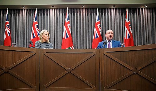 MIKE DEAL / WINNIPEG FREE PRESS
Dr. Brent Roussin, chief provincial public health officer, and Lanette Siragusa, provincial lead, health system integration, quality and chief nursing officer for Shared Health, speak during the provinces latest COVID-19 update Monday morning in the Manitoba legislative building. 
200316 - Monday, March 16, 2020.