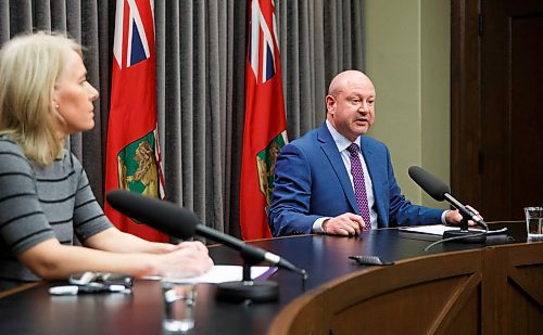 MIKE DEAL / WINNIPEG FREE PRESS
Dr. Brent Roussin, chief provincial public health officer, and Lanette Siragusa, provincial lead, health system integration, quality and chief nursing officer for Shared Health, speak during the provinces latest COVID-19 update Monday morning in the Manitoba legislative building. 
200316 - Monday, March 16, 2020.