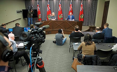 MIKE DEAL / WINNIPEG FREE PRESS
Dr. Brent Roussin, chief provincial public health officer, and Lanette Siragusa, provincial lead, health system integration, quality and chief nursing officer for Shared Health, speak during the provinces latest COVID-19 update Monday morning in the Manitoba legislative building. 
200316 - Monday, March 16, 2020.