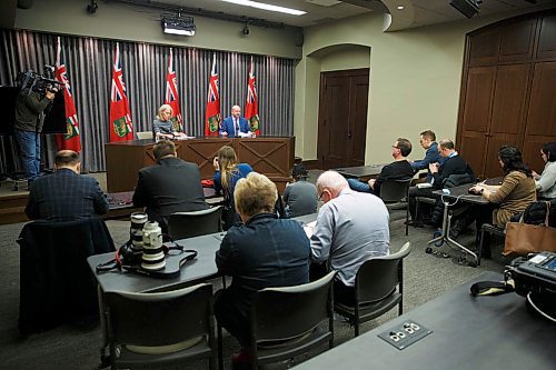 MIKE DEAL / WINNIPEG FREE PRESS
Dr. Brent Roussin, chief provincial public health officer, and Lanette Siragusa, provincial lead, health system integration, quality and chief nursing officer for Shared Health, speak during the provinces latest COVID-19 update Monday morning in the Manitoba legislative building. 
200316 - Monday, March 16, 2020.