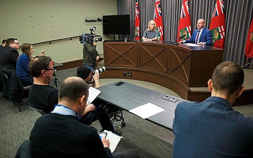 MIKE DEAL / WINNIPEG FREE PRESS
Dr. Brent Roussin, chief provincial public health officer, and Lanette Siragusa, provincial lead, health system integration, quality and chief nursing officer for Shared Health, speak during the provinces latest COVID-19 update Monday morning in the Manitoba legislative building. 
200316 - Monday, March 16, 2020.