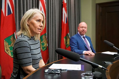 MIKE DEAL / WINNIPEG FREE PRESS
Dr. Brent Roussin, chief provincial public health officer, and Lanette Siragusa, provincial lead, health system integration, quality and chief nursing officer for Shared Health, speak during the provinces latest COVID-19 update Monday morning in the Manitoba legislative building. 
200316 - Monday, March 16, 2020.