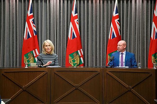 MIKE DEAL / WINNIPEG FREE PRESS
Dr. Brent Roussin, chief provincial public health officer, and Lanette Siragusa, provincial lead, health system integration, quality and chief nursing officer for Shared Health, speak during the provinces latest COVID-19 update Monday morning in the Manitoba legislative building. 
200316 - Monday, March 16, 2020.