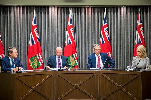 MIKAELA MACKENZIE / WINNIPEG FREE PRESS

Cameron Friesen, minister of health (left), dr. Brent Roussin, chief provincial public health officer, premier Brian Pallister, and Lanette Siragusa, chief nursing officer for Shared Health, speak about COVID-19 at the Manitoba Legislative Building in Winnipeg on Tuesday, March 17, 2020.
Winnipeg Free Press 2020