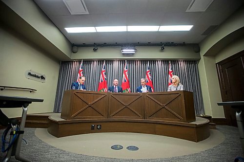 MIKAELA MACKENZIE / WINNIPEG FREE PRESS

Cameron Friesen, minister of health (left), dr. Brent Roussin, chief provincial public health officer, premier Brian Pallister, and Lanette Siragusa, chief nursing officer for Shared Health, speak about COVID-19 at the Manitoba Legislative Building in Winnipeg on Tuesday, March 17, 2020.
Winnipeg Free Press 2020