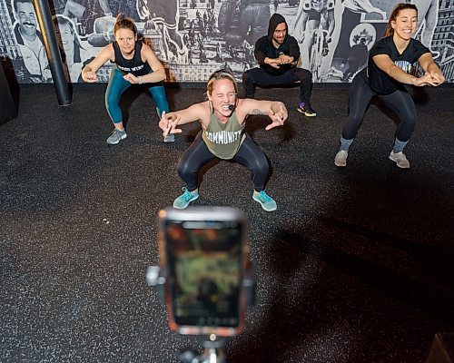 JESSE BOILY / WINNIPEG FREE PRESS
Kelly Sommerfield, left to right, Amie Seier, Alex Athayde, and Olivia Lee of Community Gym test their livestream workout in Winnipeg on Tuesday, March 17, 2020.They Hope to livestream one or two workouts a day as people practice social distancing. 
Reporter: Eva Wasney