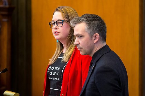 MIKAELA MACKENZIE / WINNIPEG FREE PRESS

David Pensato, executive director of the Exchange District BIZ, and Kate Fenske, CEO of the Downtown Winnipeg BIZ, speak during EPC at City Hall in Winnipeg on Wednesday, March 18, 2020.
Winnipeg Free Press 2020