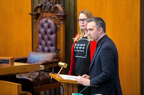 MIKAELA MACKENZIE / WINNIPEG FREE PRESS

David Pensato, executive director of the Exchange District BIZ, and Kate Fenske, CEO of the Downtown Winnipeg BIZ, speak during EPC at City Hall in Winnipeg on Wednesday, March 18, 2020.
Winnipeg Free Press 2020