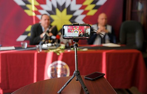 MIKE DEAL / WINNIPEG FREE PRESS
An MKO cellphone streams the news conference live to the MKO facebook page in an attempt to spread the word directly to their affected communities.
Grand Chief Garrison Settee (left) of MKO along with Dr. Barry Lavallee (right), Medical Advisor at Keewatinohk Inniniw Minoayawin at Manitoba Keewatinowi Okimakanak (MKO) hold a press conference regarding COVID-19 and First Nations in Manitoba at the Manitoba Keewatinowi Okimakanak offices at 275 Portage Avenue.
200318 - Wednesday, March 18, 2020.