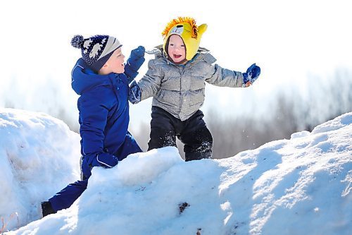 RUTH BONNEVILLE  /  WINNIPEG FREE PRESS 

Local - Standup, Kids play outside 

One-year-old, Brian Mooney, celebrates with his cousin, Lucas Webb (5yrs), at making it to the top of a mound of snow while out playing with family members at Assiniboine Forest Monday morning.   Brian's mom, Deanne Webb, took her son Brian, along with her nephews, Lucas and Sam (3yrs, not in this photo), who are all living together at this time, to the forest for some outdoor play time for the kids.


March 23rd, 2020