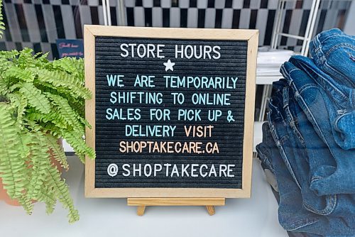 JESSE BOILY / WINNIPEG FREE PRESS
Shop Take Care, a consignment clothing and home goods store in Osborne Village,  displays a sign of their closure due the COVID-19 outbreak on Monday, March 24, 2020.
Reporter: