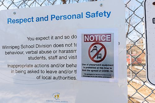 JESSE BOILY / WINNIPEG FREE PRESS
A warning sign outside the Wolseley School playground as a prevention method to help stop the spread of COVID-19. Friday, March 27, 2020.
Reporter: