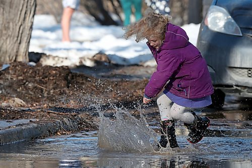 SHANNON VANRAES / WINNIPEG FREE PRESS
Misha Funke-Minkevich plays in a puddle during a "no talent" marching band event on Harvard St. in Winnipeg, March 27, 2020. Neighbours organized the march as a way to stay physically distant, but socially connected.