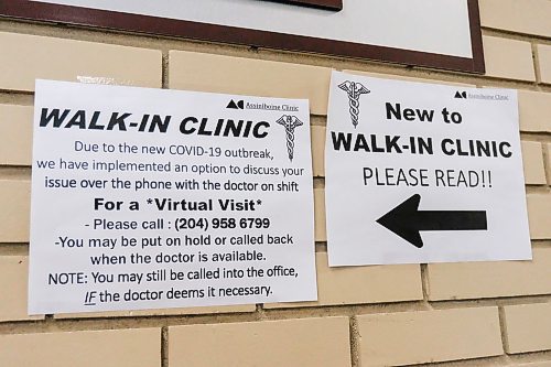 Daniel Crump / Winnipeg Free Press. Signs at Assiniboince Clinic instruct people how to make a virtual appointment. Assiniboine Clinic is using a virtual appointment system to improve safety and help limit the number of patients in the building at one time. March 28, 2020.
