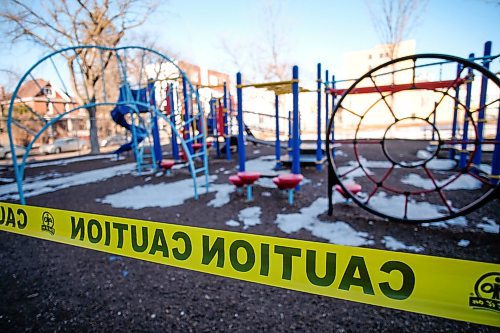 Daniel Crump / Winnipeg Free Press.The playground at Mulvey School in Wolseley is taped off. Effective Saturday, the city of Winnipeg shut down playgrounds, picnic shelters, and park amenities until further notices. March 28, 2020.