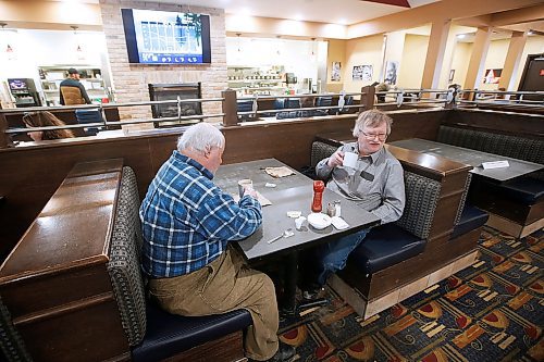 JOHN WOODS / WINNIPEG FREE PRESS
Alfred, left, and Henry enjoy their coffee at a Salisbury House restaurant on Leila in Winnipeg Sunday, March 29, 2020. Sals will be closing its dining room after the dinner service tonight.

Reporter: Allen