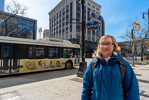 JESSE BOILY / WINNIPEG FREE PRESS
Victoria Wanke, a transit rider, waits for the bus at a Portage Ave bus stop on Monday, March 30, 2020. Many riders are trying to keep their distance between each other as social distancing is practiced during the current pandemic. 
Reporter: Eva Wasney