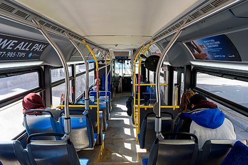 JESSE BOILY / WINNIPEG FREE PRESS
Transit riders keep their distance while on a bus on Monday, March 30, 2020. Many riders are trying to keep their distance between each other as social distancing is practiced during the current pandemic. 
Reporter: Eva Wasney
