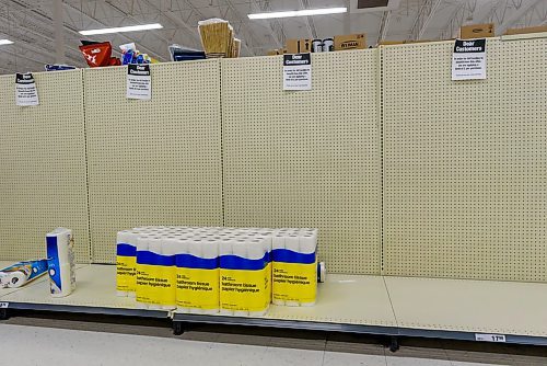 JESSE BOILY / WINNIPEG FREE PRESS
Limit signs and lows stock of toilet paper in Superstore on Sargent Ave.  on Wednesday, April 1, 2020.

Walmart on Empress St. did not seem to have much for precautions for costumers shopping other than signage indicating to people to keep their distance on Wednesday, April 1, 2020.
Reporter: Julia-Simone Rutgers