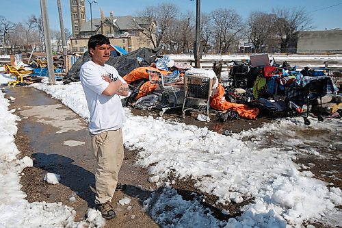 JOHN WOODS / WINNIPEG FREE PRESS
Edward Fleury stops to talk to reporter as he helps clean up the camp with other members during COVID-19 in Winnipeg Sunday, April 5, 2020. 

Reporter: Taylor