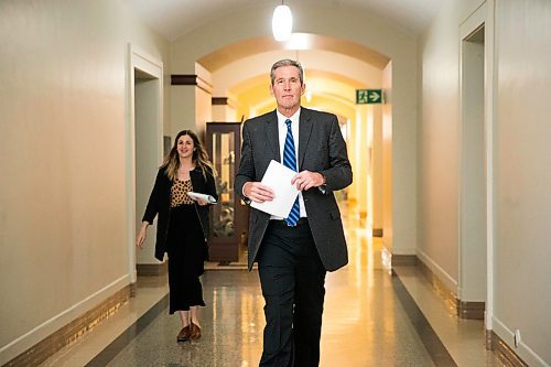 MIKAELA MACKENZIE / WINNIPEG FREE PRESS

Premier Brian Pallister walks out of room 68 after his daily media briefing at the Manitoba Legislative Building in Winnipeg on Monday, April 6, 2020. 
Winnipeg Free Press 2020