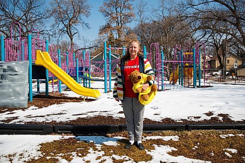 MIKE DEAL / WINNIPEG FREE PRESS
Standing by the closed playground at Wolseley School, Sheri-Lynn Skwarchuk, a professor at the U of W, holds Tobybox's mascot. Sheri-Lynn has been working on what she calls "a parent support tool" called ToyBox. The app aims to help users teach children numeracy and literacy skills at home  a timely tool for homeschoolers during the pandemic. She sped up the launch to publish the app so families can access it now via email.
See Maggie's story
200406 - Monday, April 06, 2020.