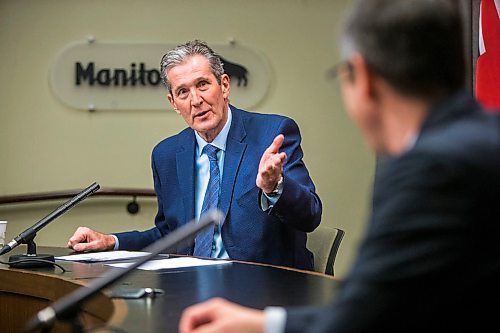 MIKAELA MACKENZIE / WINNIPEG FREE PRESS

Premier Brian Pallister and Mayor Brian Bowman speak to the media about new measures to enforce public health orders in response to COVID-19 at the Manitoba Legislative Building in Winnipeg on Thursday, April 9, 2020.
Winnipeg Free Press 2020