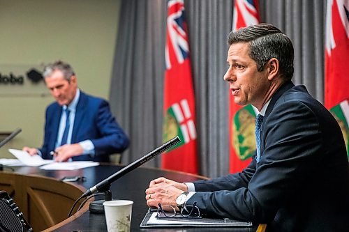 MIKAELA MACKENZIE / WINNIPEG FREE PRESS

Mayor Brian Bowman (right) and Premier Brian Pallister speak to the media about new measures to enforce public health orders in response to COVID-19 at the Manitoba Legislative Building in Winnipeg on Thursday, April 9, 2020.
Winnipeg Free Press 2020