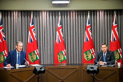 MIKAELA MACKENZIE / WINNIPEG FREE PRESS

Premier Brian Pallister (left) and Mayor Brian Bowman speak to the media about new measures to enforce public health orders in response to COVID-19 at the Manitoba Legislative Building in Winnipeg on Thursday, April 9, 2020.
Winnipeg Free Press 2020