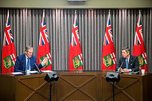 MIKAELA MACKENZIE / WINNIPEG FREE PRESS

Premier Brian Pallister (left) and Mayor Brian Bowman speak to the media about new measures to enforce public health orders in response to COVID-19 at the Manitoba Legislative Building in Winnipeg on Thursday, April 9, 2020.
Winnipeg Free Press 2020