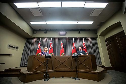 MIKAELA MACKENZIE / WINNIPEG FREE PRESS

Chief public health officer Dr. Brent Roussin and Shared Health's chief nursing officer Lanette Siragusa speak during their daily media briefing at the Manitoba Legislative Building in Winnipeg on Monday, April 13, 2020.
Winnipeg Free Press 2020