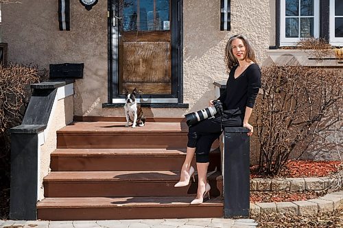 MIKE DEAL / WINNIPEG FREE PRESS
Posing with her dog, Otto, on her front porch, local photographer Kristen Sawatzky photographed local families as part of The Front Steps Project. Respecting strict physical distancing, images from the sessions were exchanged for a donation to a local charity. All photos were taken between March 25-31. 
See Sabrina Carnevale story
200415 - Wednesday, April 15, 2020.
