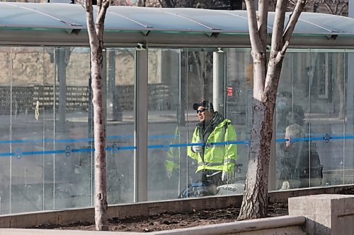 SHANNON VANRAES / WINNIPEG FREE PRESS
A man waits for a Winnipeg Transit bus in front of Centennial Concert Hall on April 17, 2020.