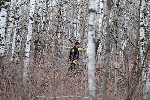 Daniel Crump / Winnipeg Free Press. A Winnipeg Police Service officer tapes off an area in Assiniboine Forrest. Police are investigating after bones were discovered. April 18, 2020.