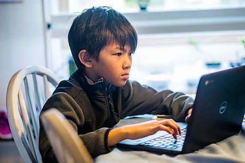 MIKAELA MACKENZIE / WINNIPEG FREE PRESS

Daniel Lampa (9) does schoolwork on a Chromebook that  Seven Oaks school division lent him at home in Winnipeg on Tuesday, April 21, 2020. For Maggie story.
Winnipeg Free Press 2020