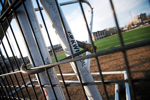 JOHN WOODS / WINNIPEG FREE PRESS
Locked goalposts at a COVID-19 closed soccer pitch in central Winnipeg Tuesday, April 21, 2020. 

Reporter: Bell