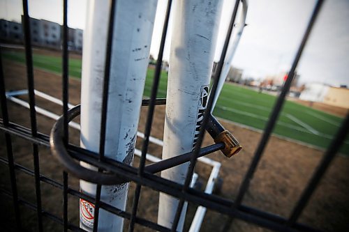 JOHN WOODS / WINNIPEG FREE PRESS
Locked goalposts at a COVID-19 closed soccer pitch in central Winnipeg Tuesday, April 21, 2020. 

Reporter: Bell