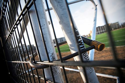 JOHN WOODS / WINNIPEG FREE PRESS
Locked goalposts at a COVID-19 closed soccer pitch in central Winnipeg Tuesday, April 21, 2020. 

Reporter: Bell