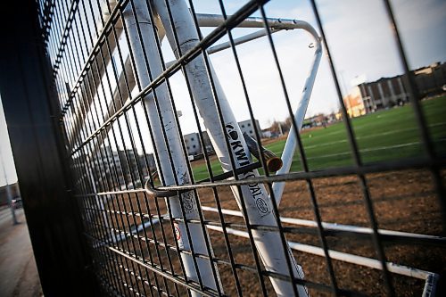 JOHN WOODS / WINNIPEG FREE PRESS
Locked goalposts at a COVID-19 closed soccer pitch in central Winnipeg Tuesday, April 21, 2020. 

Reporter: Bell