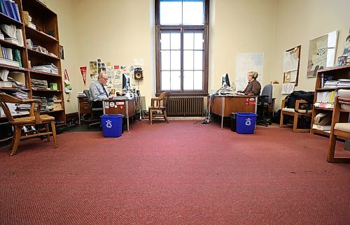 RUTH BONNEVILLE  /  WINNIPEG FREE PRESS 

Local - near empty Legislative Building 

Photo of  legislative reporters Larry Kusch and Carol Sanders sitting at their desks which are placed with lots of social distance between them in their office at the Leg on Wednesday. 


April 22nd,  2020
