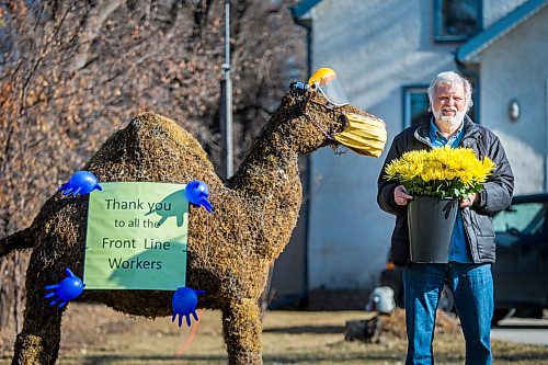 MIKAELA MACKENZIE / WINNIPEG FREE PRESS

Paul Stewart poses for a portrait while putting out 3,700 flower stems (free for passers-by to take home) by Wednesday the Camel in Winnipeg on Thursday, April 23, 2020. For Dave Sanderson story. 
Winnipeg Free Press 2020