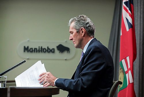 RUTH BONNEVILLE  /  WINNIPEG FREE PRESS 

LOCAL - Premier press briefing 

Manitoba premier, Brian Pallister, takes a moment to look over his notes at a press briefing on COVID-19 measures at the Manitoba Legislative Building Friday morning. 


April 24th,  2020
