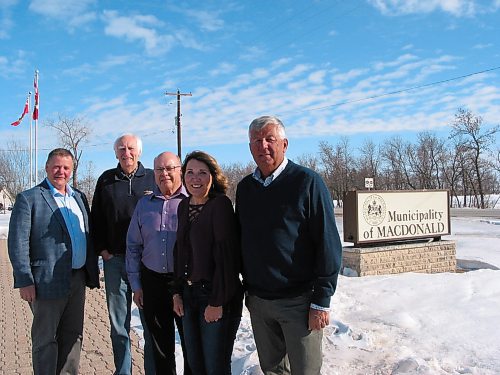 Canstar Community News Feb. 25, 2020 - (From left) RM of Macdonald reeve Brad Erb and councllors Barry Feller, Doug Dobrowolski, Deidre Keddie and Bob Morse stand in front of the municipal office in Sanford. Missing are Paul Pfrimmer and Robert Turski. (ANDREA GEARY.CANSTAR COMMUNITY NEWS)