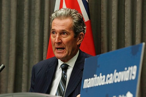 MIKE DEAL / WINNIPEG FREE PRESS
Premier Brian Pallister during his media conference in the Manitoba legislative building announcing his plan to start easing restrictions on businesses during the COVID-19 pandemic. 
200429 - Wednesday, April 29, 2020.